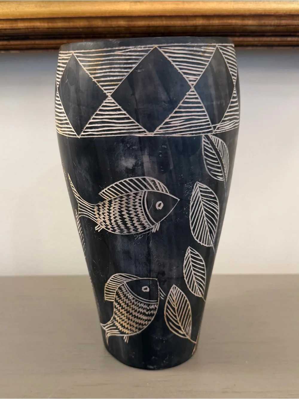 Hand Carved African Soapstone Vase Fish Plants Black White 8” Vessel